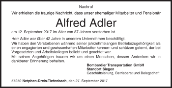 Traueranzeige von Alfred Adler von Siegener Zeitung