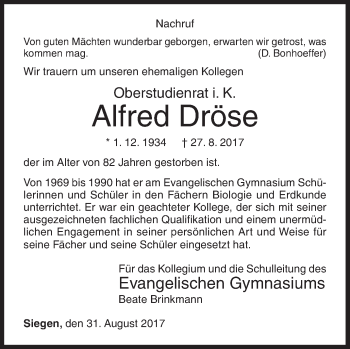 Traueranzeige von Alfred Dröse von Siegener Zeitung