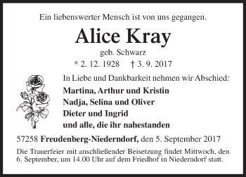 Traueranzeige von Alice Kray von Siegener Zeitung