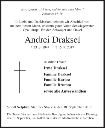 Traueranzeige von Andrei Draksel von Siegener Zeitung
