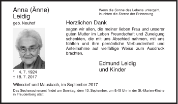 Traueranzeige von Anna  Leidig von Siegener Zeitung