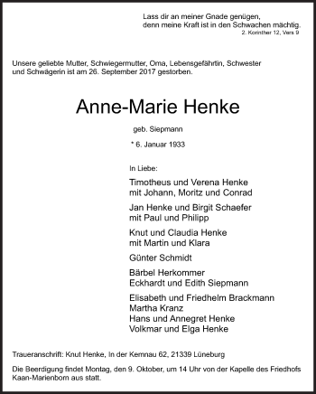 Traueranzeige von Anne-Marie Henke von Siegener Zeitung