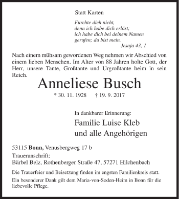 Traueranzeige von Anneliese Busch von Siegener Zeitung
