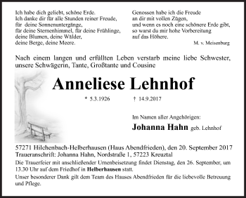 Traueranzeige von Anneliese Lehnhof von Siegener Zeitung