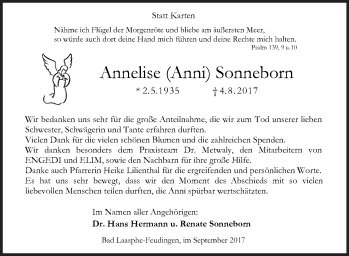 Traueranzeige von Annelise Sonneborn von Siegener Zeitung