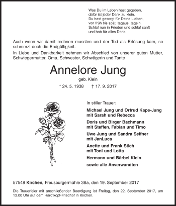 Traueranzeige von Annelore Jung von Siegener Zeitung