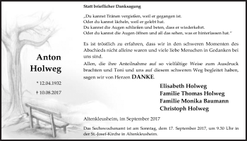 Traueranzeige von Anton Holweg von Siegener Zeitung