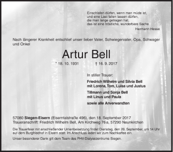 Traueranzeige von Artur Bell von Siegener Zeitung