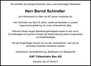 Traueranzeige von Bernd Schindler von Siegener Zeitung