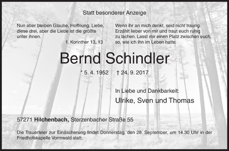  Traueranzeige für Bernd Schindler vom 26.09.2017 aus Siegener Zeitung