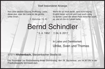 Traueranzeige von Bernd Schindler von Siegener Zeitung