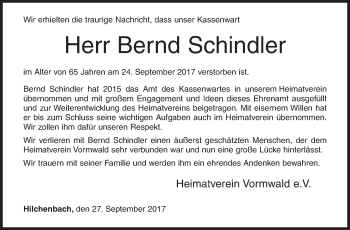 Traueranzeige von Bernd Schindler von Siegener Zeitung