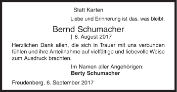 Traueranzeige von Bernd Schumacher von Siegener Zeitung