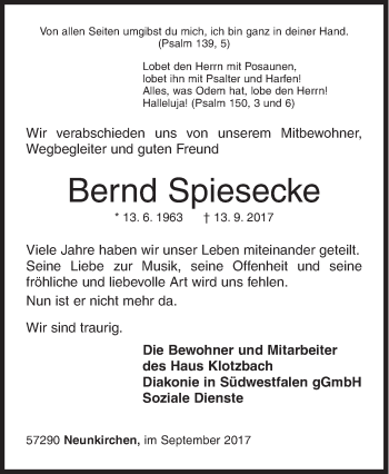 Traueranzeige von Bernd Spiesecke von Siegener Zeitung