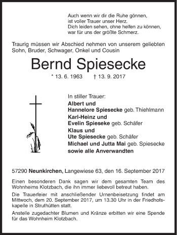 Traueranzeige von Bernd Spiesecke von Siegener Zeitung