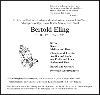 Traueranzeige von Bertold Eling von Siegener Zeitung