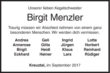 Traueranzeige von Birgit Menzler von Siegener Zeitung