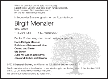 Traueranzeige von Birgit Menzler von Siegener Zeitung