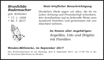 Traueranzeige von Brunhilde Rademacher von Siegener Zeitung