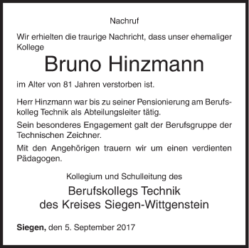 Traueranzeige von Bruno Hinzmann von Siegener Zeitung