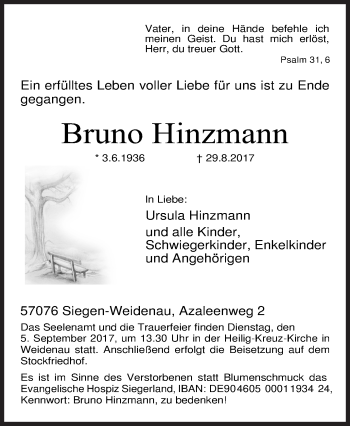 Traueranzeige von Bruno Hinzmann von Siegener Zeitung