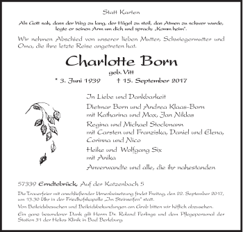 Traueranzeige von Charlotte Born von Siegener Zeitung