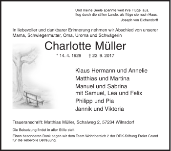 Traueranzeige von Charlotte Müller von Siegener Zeitung