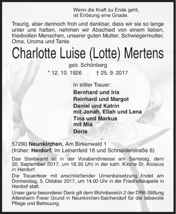 Traueranzeige von Charlotte Luise Mertens von Siegener Zeitung
