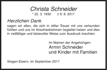 Traueranzeige von Christa Schneider von Siegener Zeitung