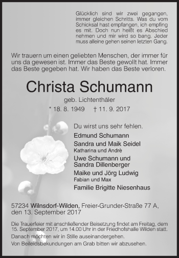Traueranzeige von Christa Schumann von Siegener Zeitung