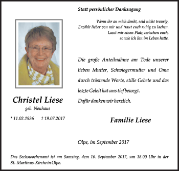 Traueranzeige von Christel Liese von Siegener Zeitung