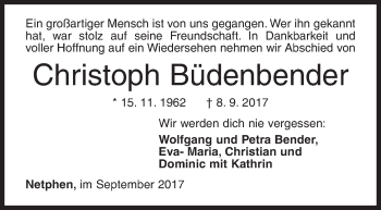 Traueranzeige von Christoph Büdenbender von Siegener Zeitung