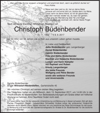 Traueranzeige von Christoph Büdenbender von Siegener Zeitung