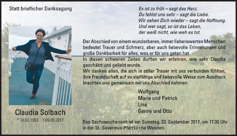  Traueranzeige für Claudia Solbach vom 18.09.2017 aus Siegener Zeitung