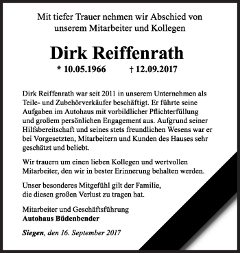 Traueranzeige von Dirk Reiffenrath von Siegener Zeitung