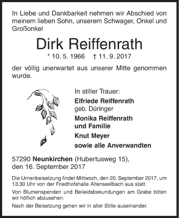 Traueranzeige von Dirk Reiffenrath von Siegener Zeitung