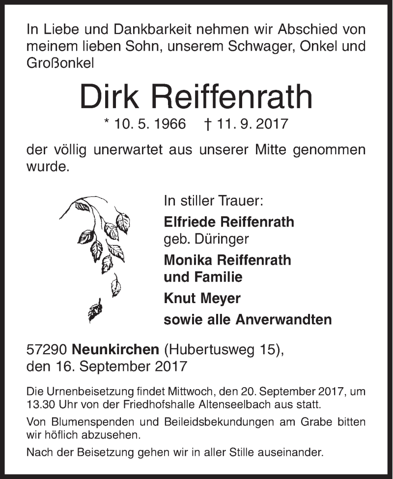  Traueranzeige für Dirk Reiffenrath vom 16.09.2017 aus Siegener Zeitung