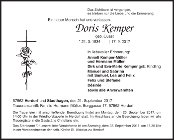 Traueranzeige von Doris Kemper von Siegener Zeitung