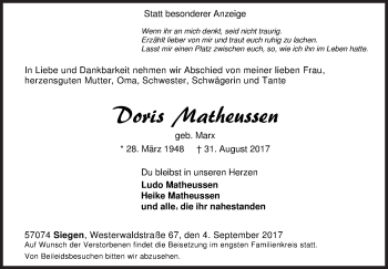 Traueranzeige von Doris Matheussen von Siegener Zeitung
