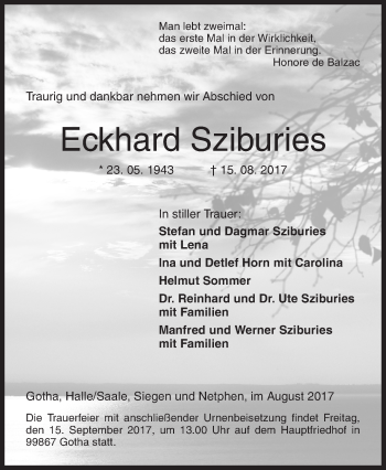 Traueranzeige von Eckhard Sziburies von Siegener Zeitung