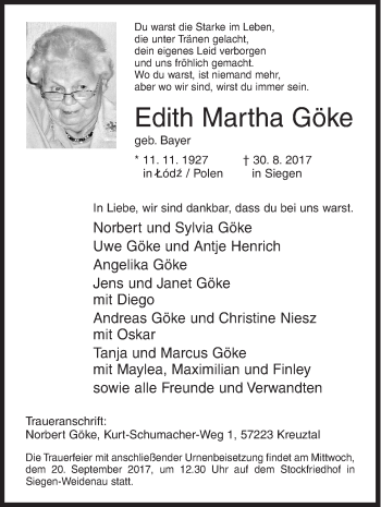 Traueranzeige von Edith Martha Göke von Siegener Zeitung