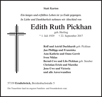 Traueranzeige von Edith Ruth Pickhan von Siegener Zeitung
