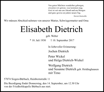 Traueranzeige von Elisabeth Dietrich von Siegener Zeitung