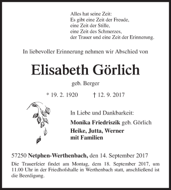 Traueranzeige von Elisabeth Görlich von Siegener Zeitung