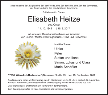 Traueranzeige von Elisabeth Heitze von Siegener Zeitung
