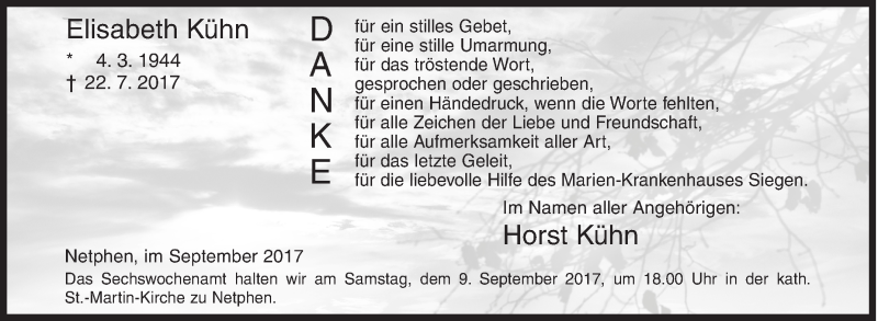  Traueranzeige für Elisabeth Kühn vom 06.09.2017 aus Siegener Zeitung
