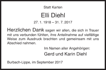 Traueranzeige von Elli Diehl von Siegener Zeitung