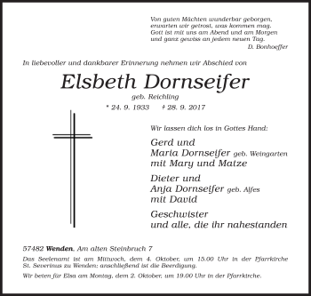 Traueranzeige von Elsbeth Dornseifer von Siegener Zeitung