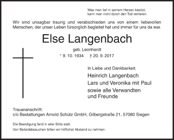 Traueranzeige von Else Langenbach von Siegener Zeitung