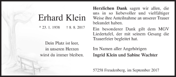 Traueranzeige von Erhard Klein von Siegener Zeitung